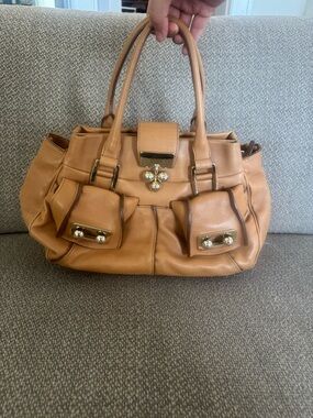 Celine Tan Leather Satchel Handbag with Gold Hardware